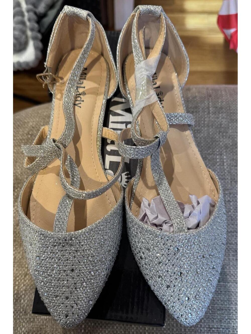 MilaLady Silver Glitter Laurel Flat Ankle Strap Shoes 8.5M New